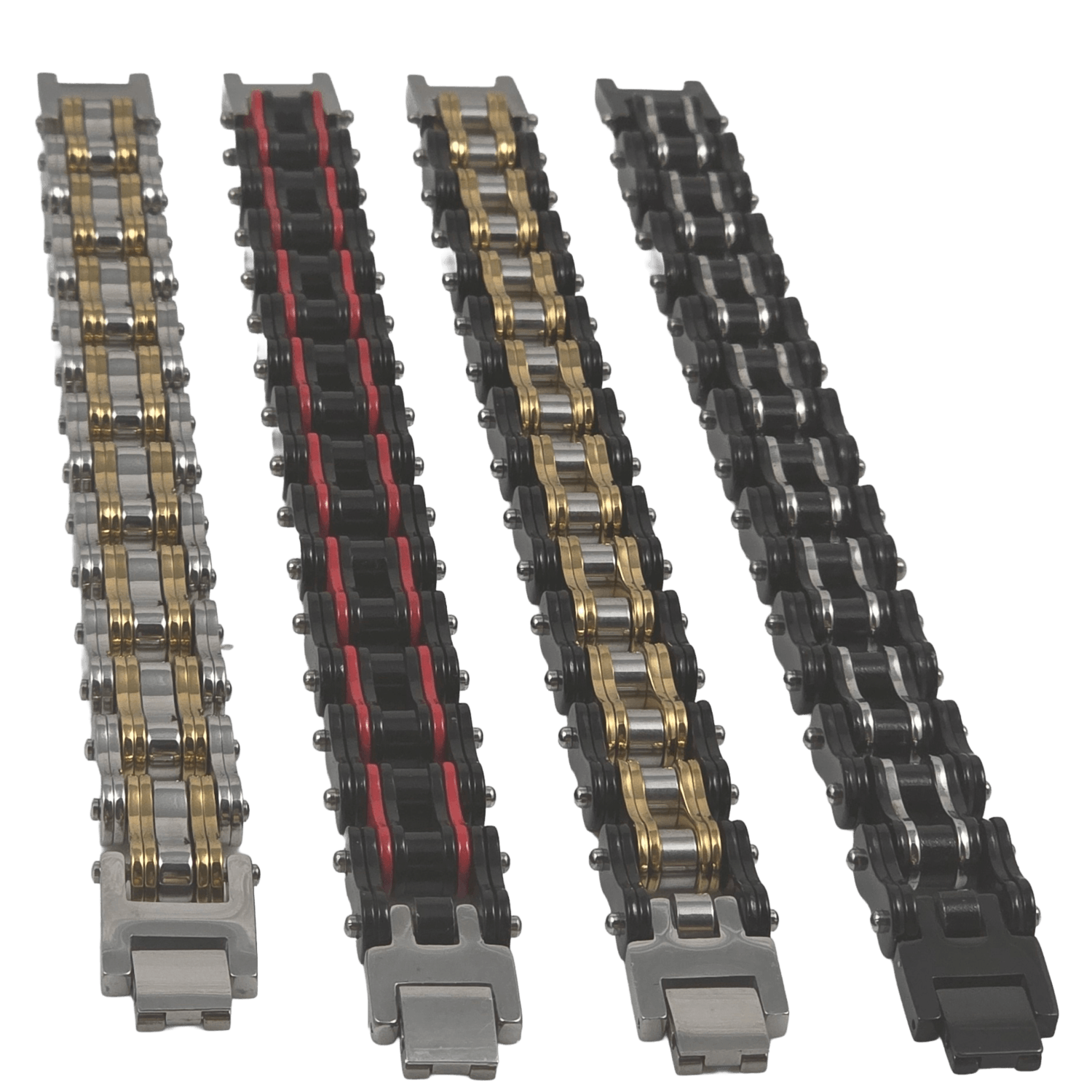 Group view of men's IP plated stainless steel bike chain link bracelets in Black and Gold, Black and Silver, Solid Black, and Black and Red.