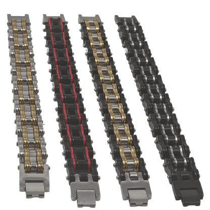 Group view of men's IP plated stainless steel bike chain link bracelets in Black and Gold, Black and Silver, Solid Black, and Black and Red.