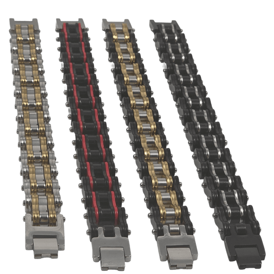 Group view of men's IP plated stainless steel bike chain link bracelets in Black and Gold, Black and Silver, Solid Black, and Black and Red.
