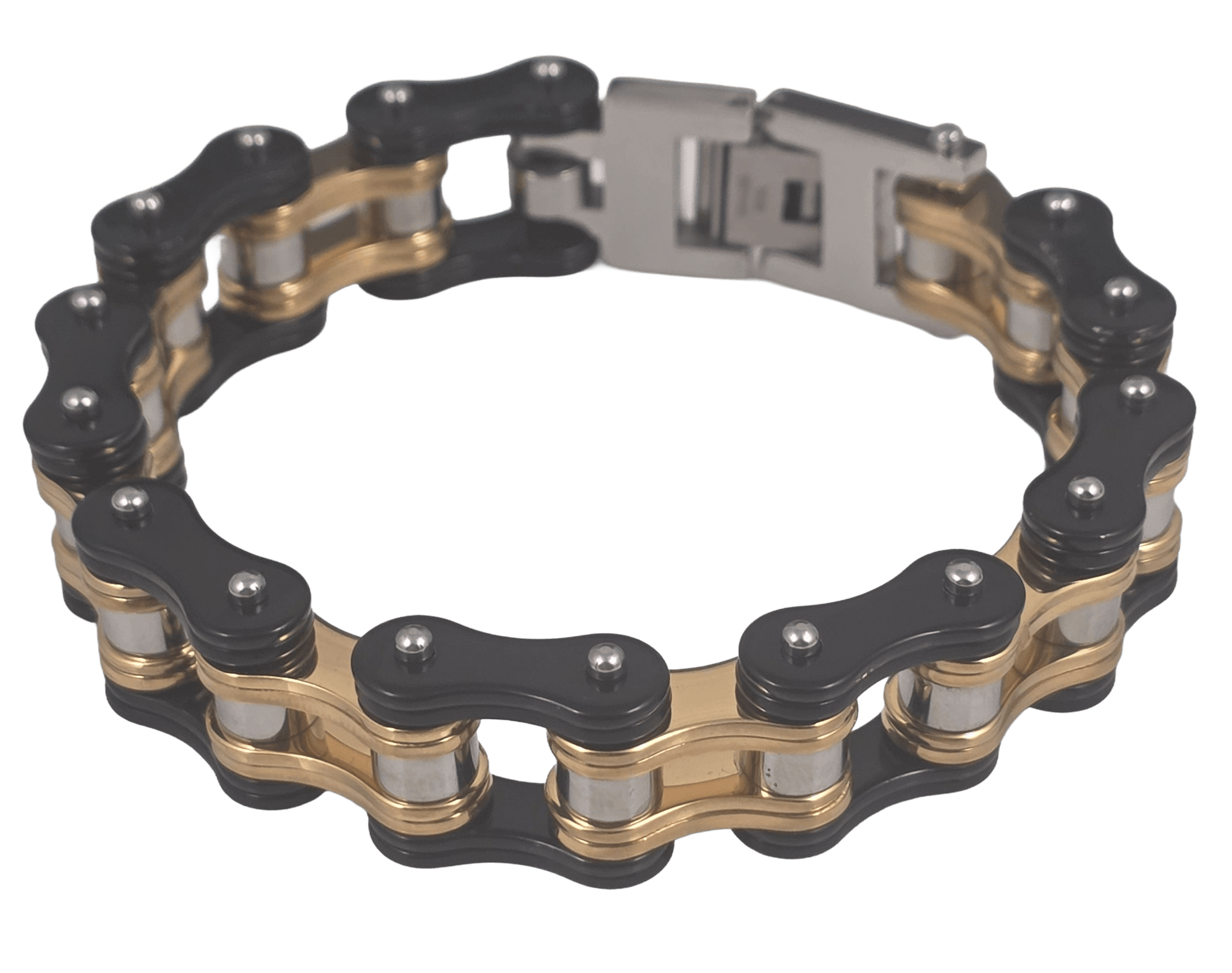 Men's 8.5 inch black and gold IP plated stainless steel bike chain link bracelet with fold-over clasp.