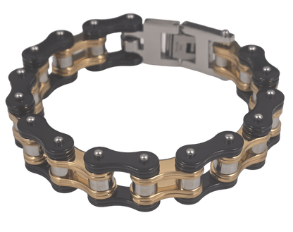 Men's 8.5 inch black and gold IP plated stainless steel bike chain link bracelet with fold-over clasp.