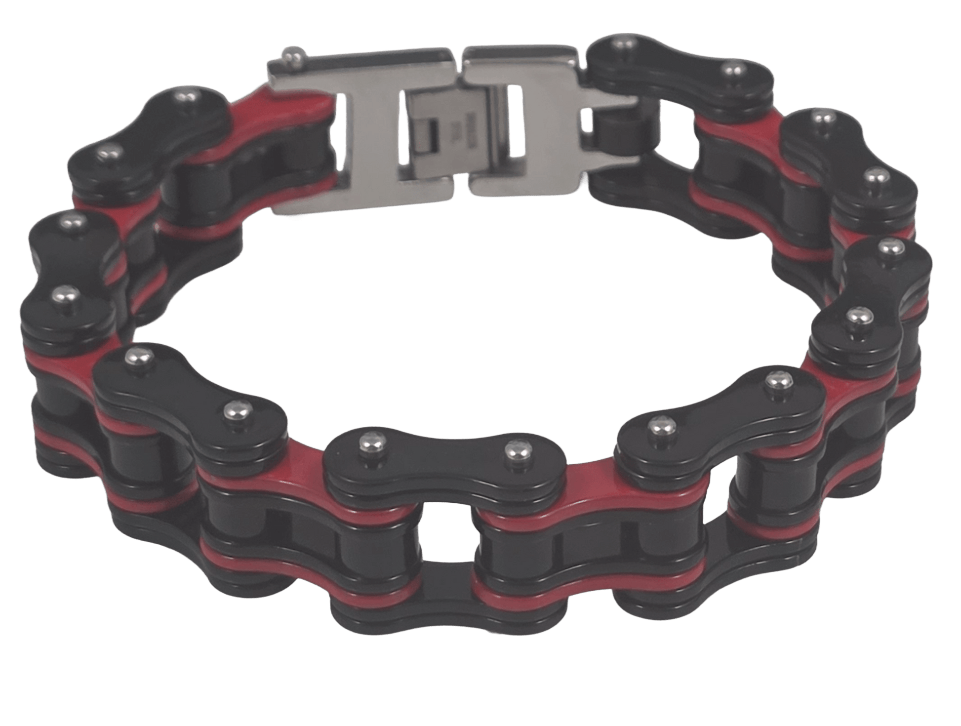 Men's 9 inch black and red IP plated stainless steel bike chain link bracelet with fold-over clasp.