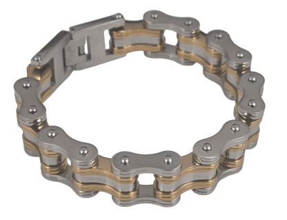 Men's 8.5 inch gold and silver IP plated stainless steel bike chain link bracelet with fold-over clasp.