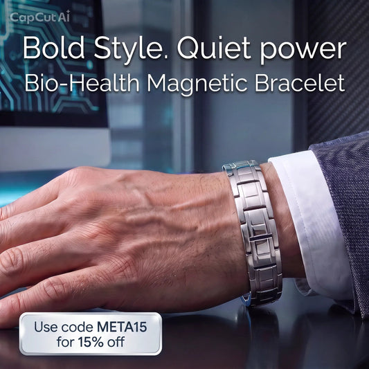 Men's stainless steel magnetic bio-health bracelet in black and gold stripe with Germanium and negative ion therapy elements.