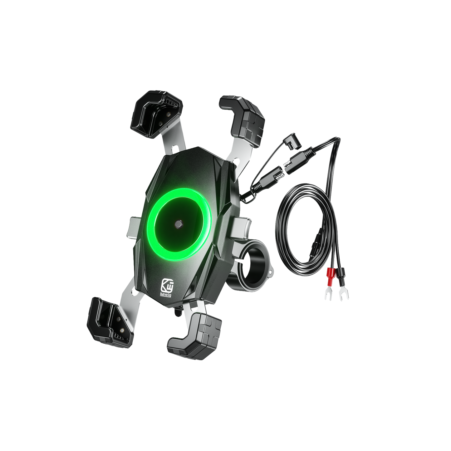 Full display of the wireless charging motorcycle phone mount with dual Qi and USB-C ports