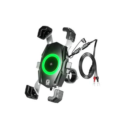 Full display of the wireless charging motorcycle phone mount with dual Qi and USB-C ports