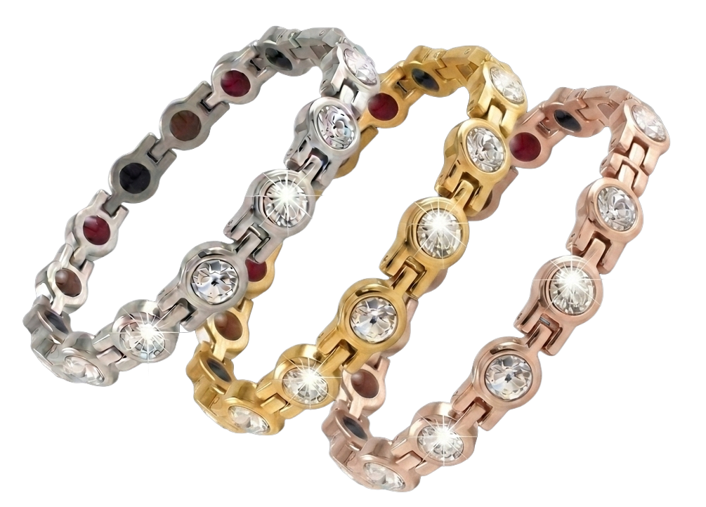 Collection of premium magnetic bio-health bracelets shown together in silver, gold, and rose gold finishes with crystal accents.