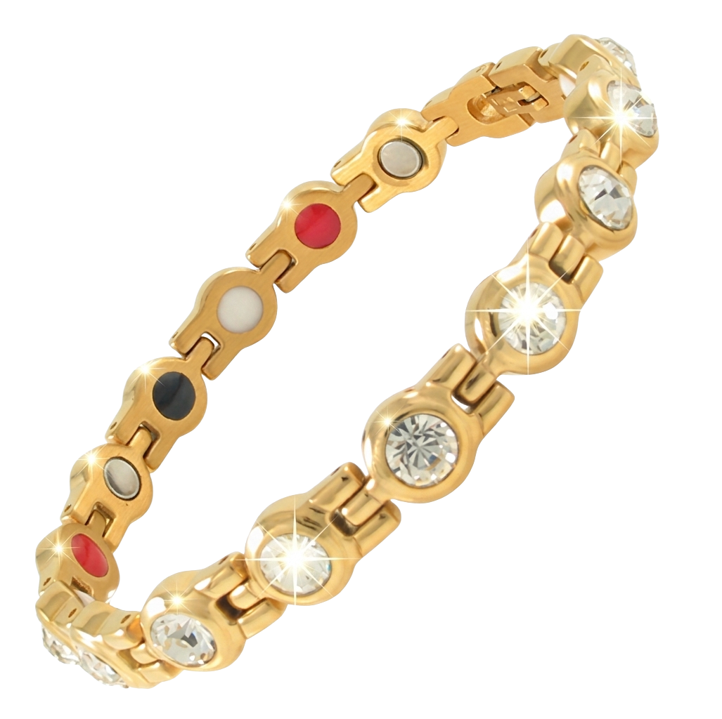 Premium gold-plated stainless steel magnetic bio-health bracelet with anti-tarnish coating and crystal accents.