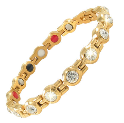 Premium gold-plated stainless steel magnetic bio-health bracelet with anti-tarnish coating and crystal accents.
