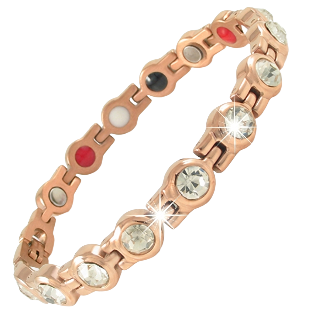 Premium rose gold-plated stainless steel magnetic bio-health bracelet with anti-tarnish coating and crystal accents.