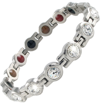 Premium silver stainless steel magnetic bio-health bracelet with anti-tarnish coating and crystal accents.