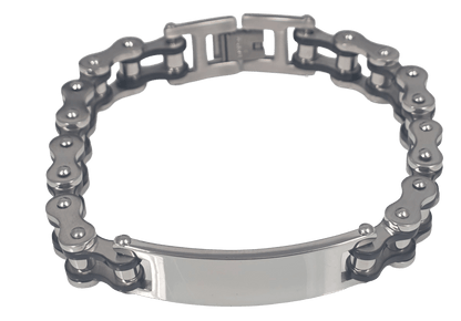 Silver stainless steel bicycle chain ID bracelets for unisex polished silver with Black accents.