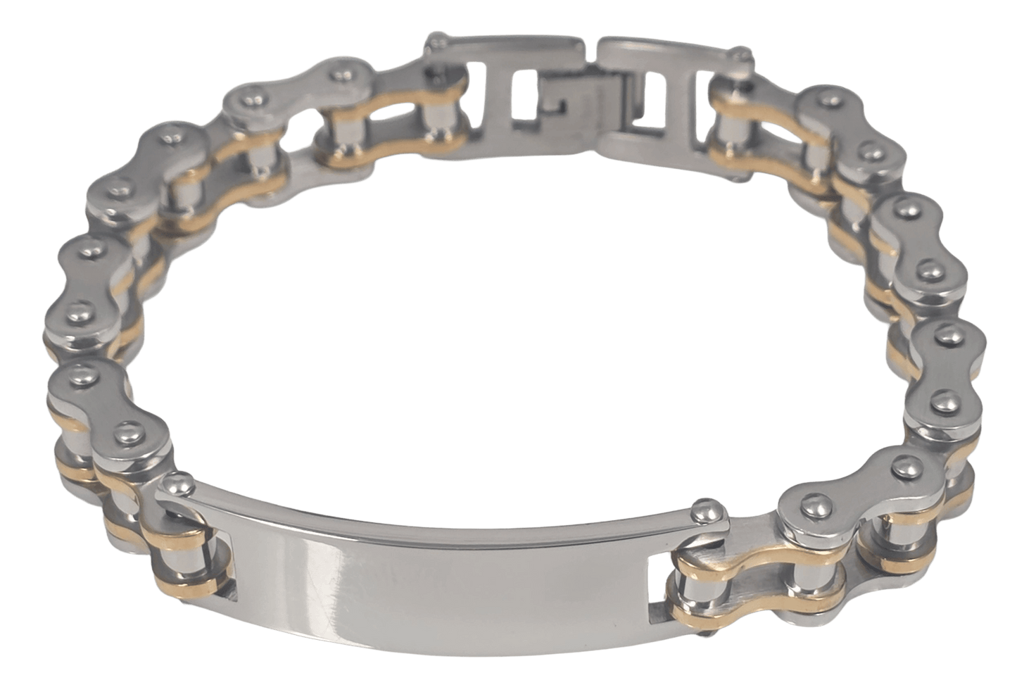 Silver stainless steel bicycle chain ID bracelets for unisex polished silver with gold accents.