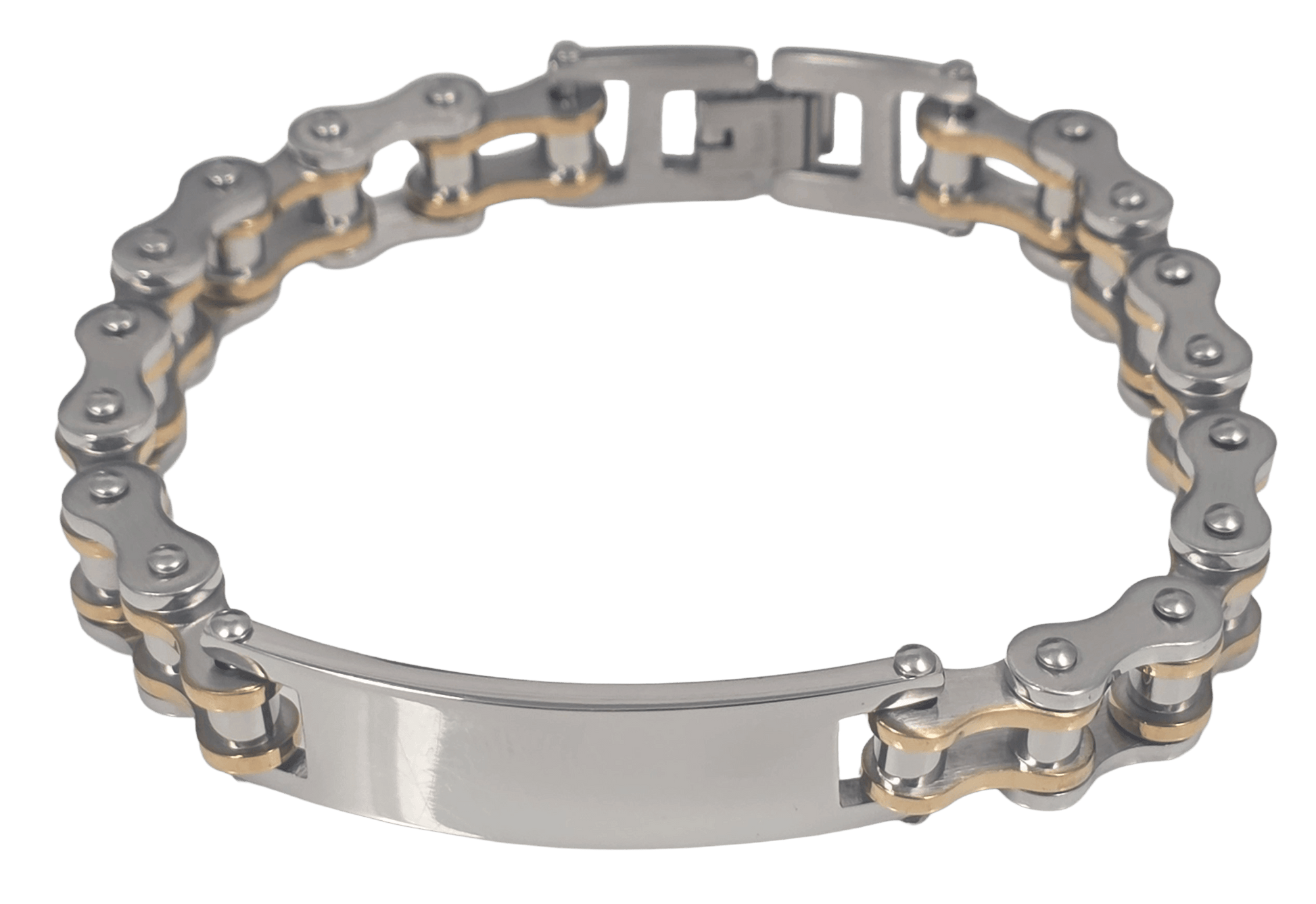 Silver stainless steel bicycle chain ID bracelets for unisex polished silver with gold accents.
