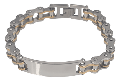 Silver stainless steel bicycle chain ID bracelets for unisex polished silver with gold accents.