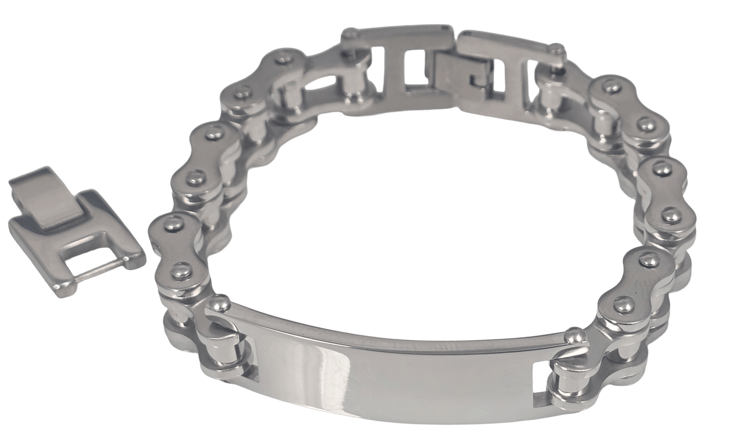 Silver stainless steel bicycle chain ID bracelets for unisex polished silver.