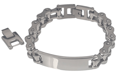 Silver stainless steel bicycle chain ID bracelets for unisex polished silver.