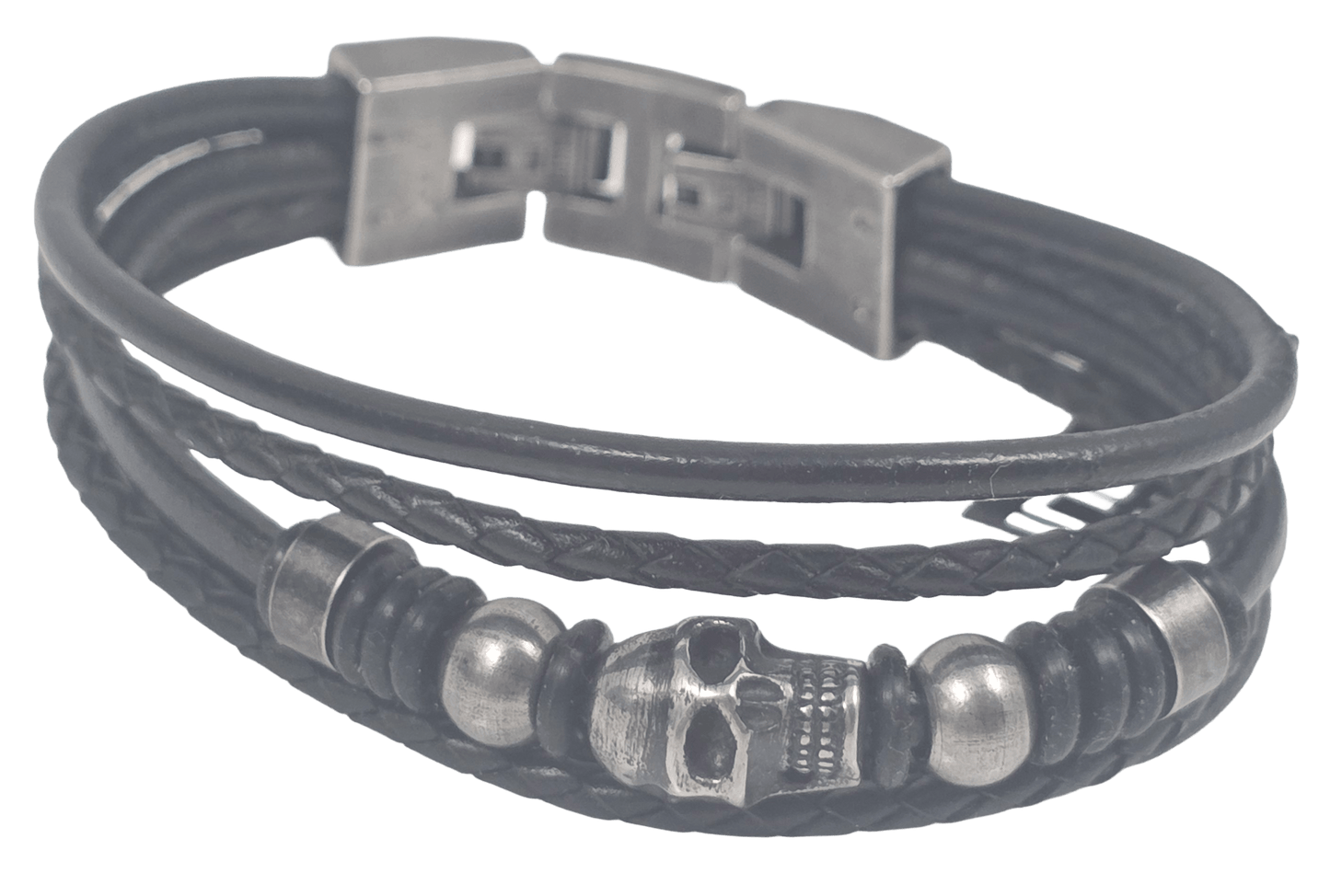 Two-Part Skull & Lava Stone Multi-Strand Leather Bracelet Set