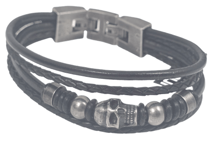 Two-Part Skull & Lava Stone Multi-Strand Leather Bracelet Set