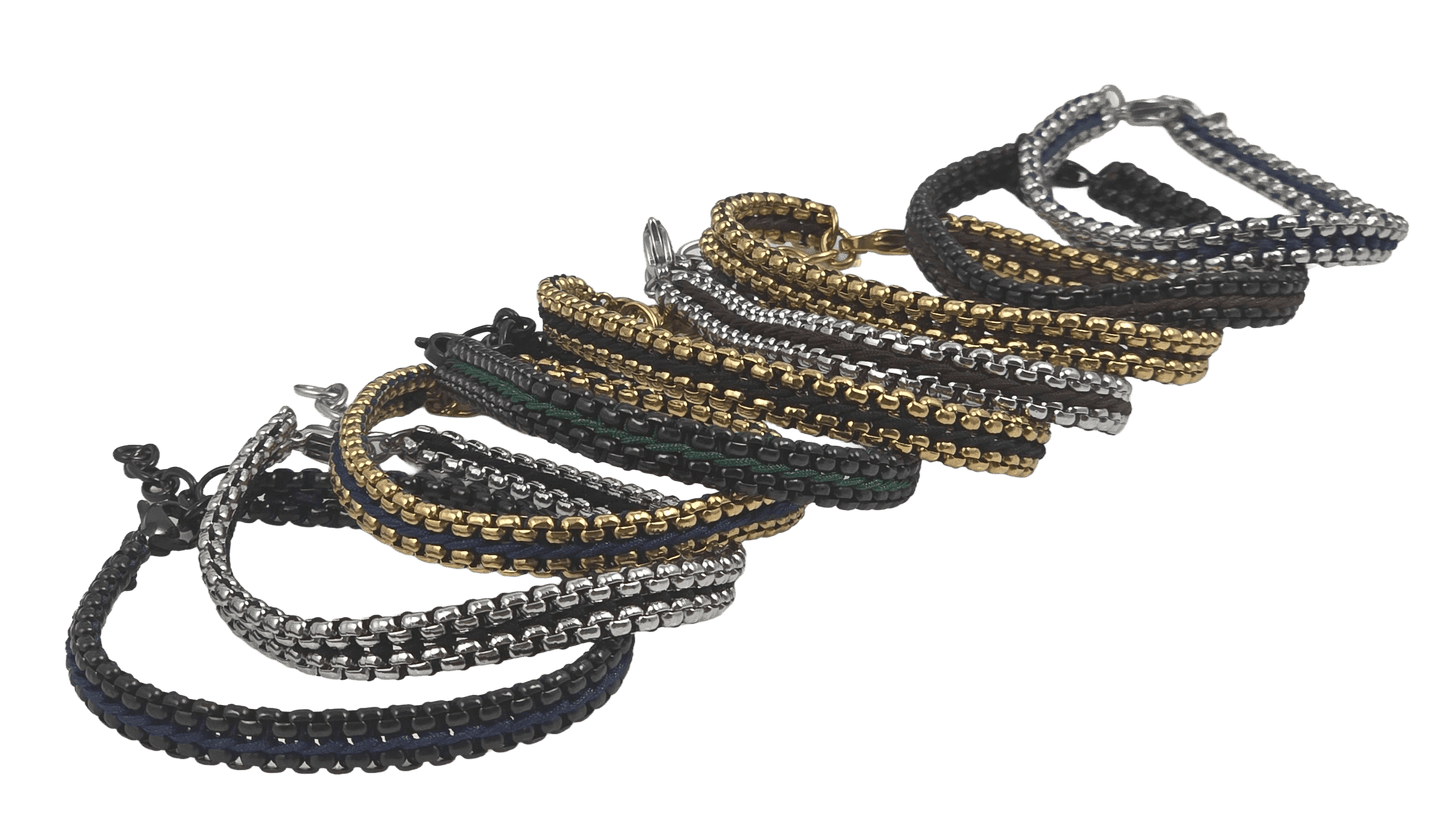 Assorted stainless steel IP-plated link bracelets featuring colorful woven threads.