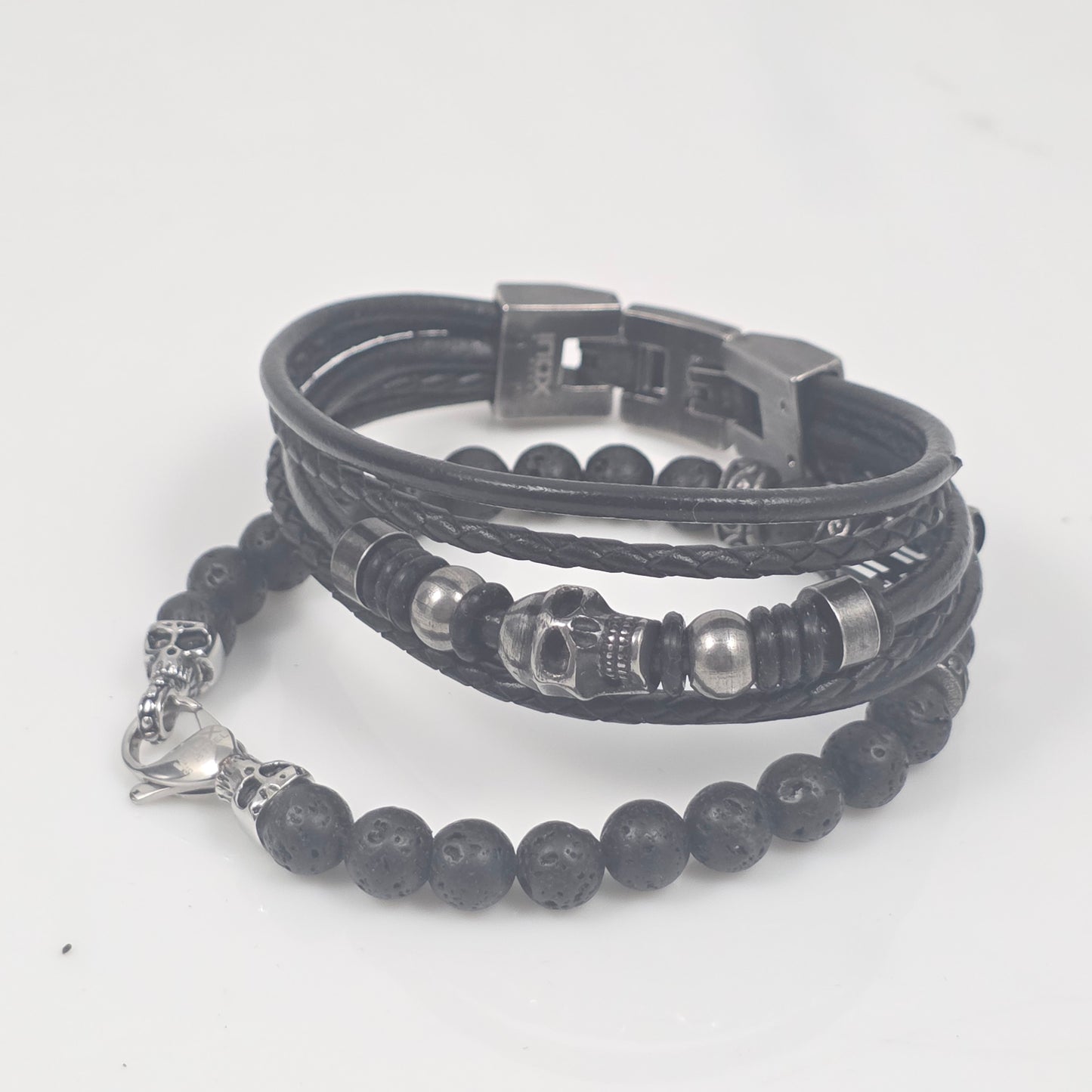 Two-Part Skull & Lava Stone Multi-Strand Leather Bracelet Set