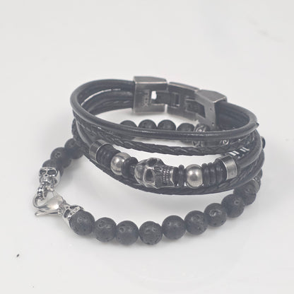 Two-Part Skull & Lava Stone Multi-Strand Leather Bracelet Set