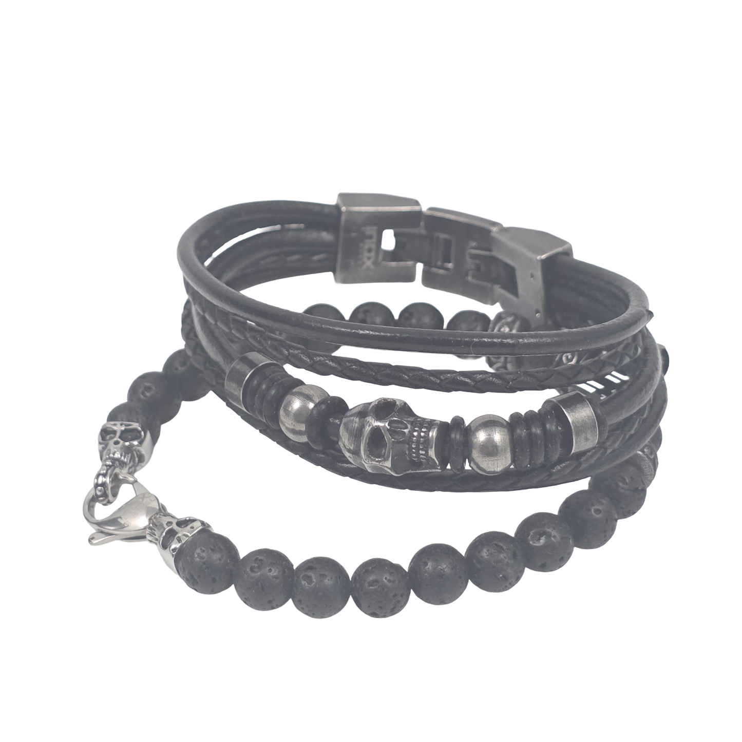 Two-Part Skull & Lava Stone Multi-Strand Leather Bracelet Set