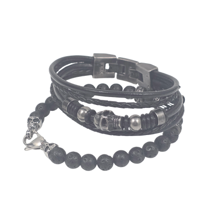 Two-Part Skull & Lava Stone Multi-Strand Leather Bracelet Set