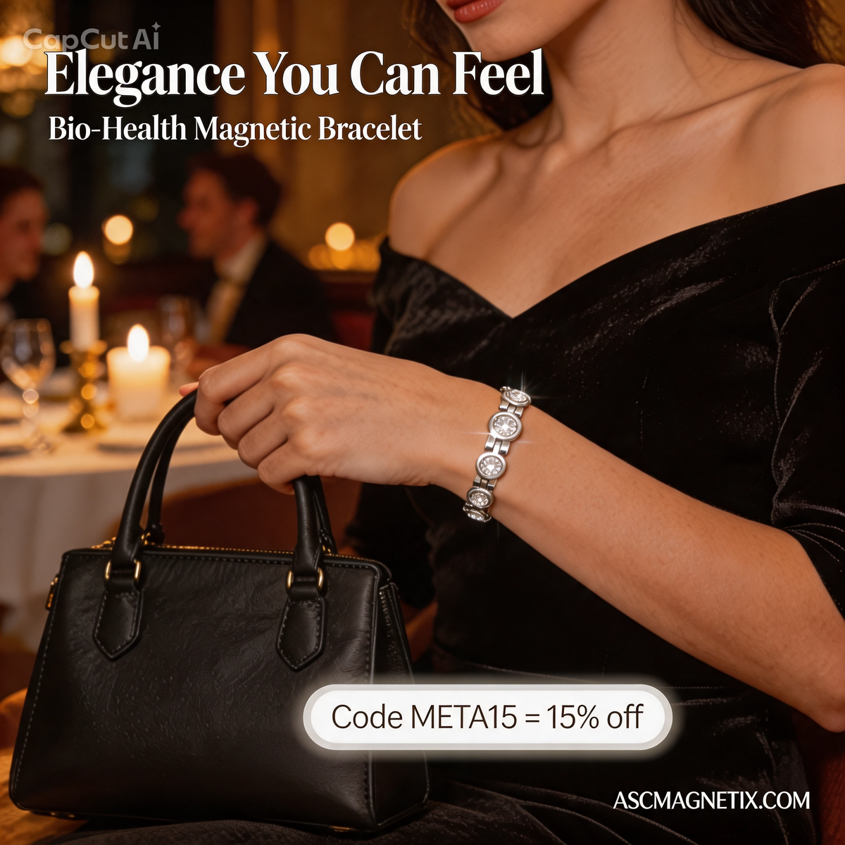 Woman wearing a silver-toned bio-health magnetic crystal bracelet with a black dress and handbag in a candlelit restaurant.