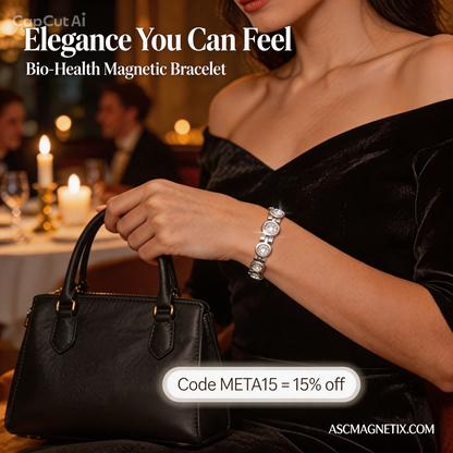 Woman wearing a silver-toned bio-health magnetic crystal bracelet with a black dress and handbag in a candlelit restaurant.