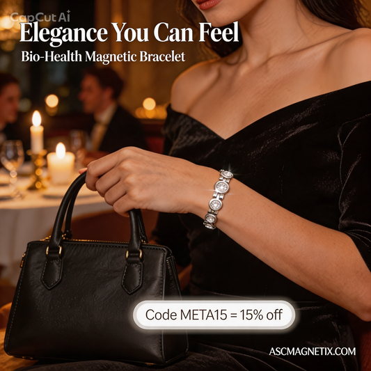 Woman wearing a silver-toned bio-health magnetic crystal bracelet with a black dress and handbag in a candlelit restaurant.